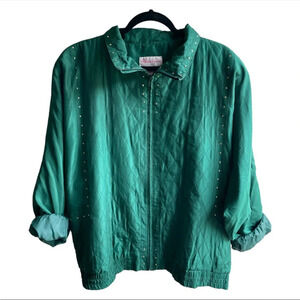 Vintage 80s Rhoda Lynne 100% silk emerald green studded bomber jacket XL
